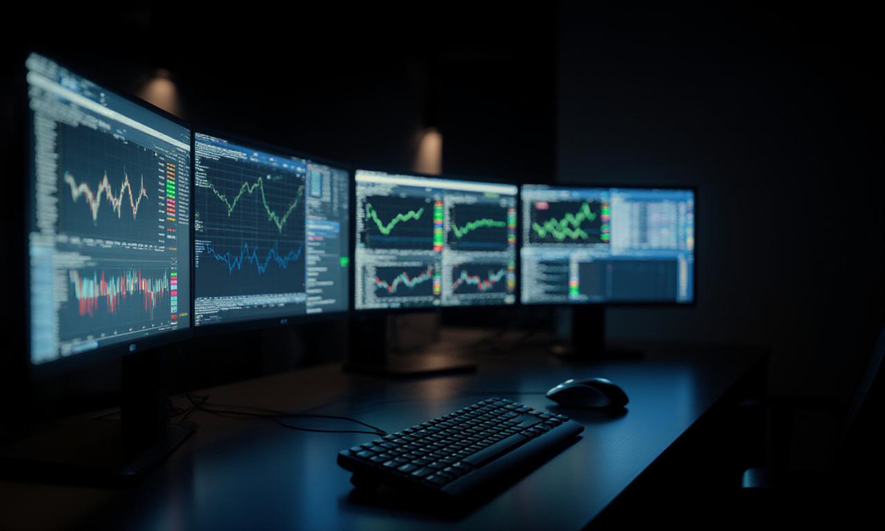 High-tech trading desk with multiple screens showing financial data